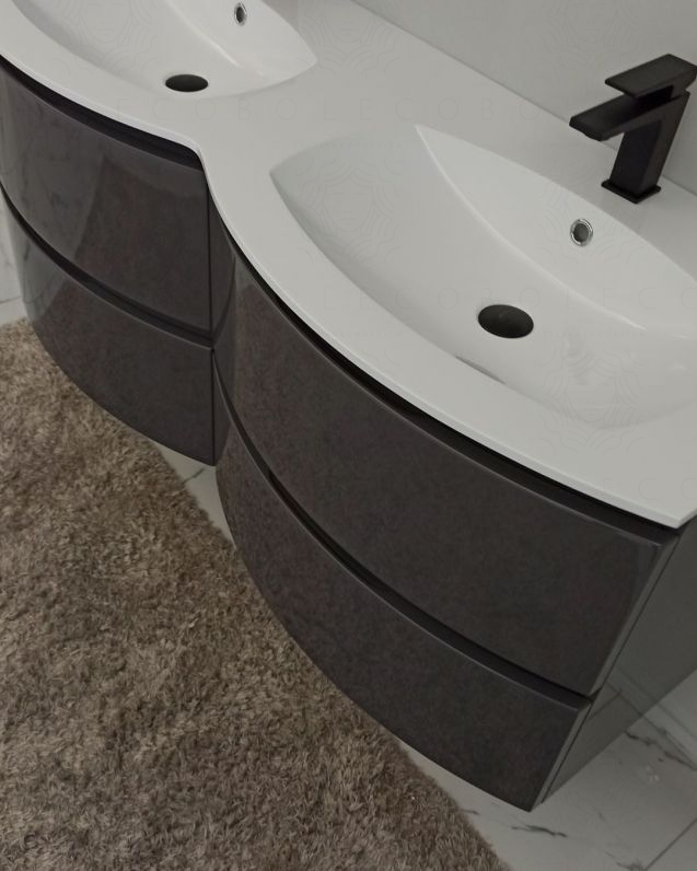 Mobile bagno sospeso Greta, curvo, doppio lavabo cm.138 con Mobile bagno sospeso Greta, curvo, doppio lavabo cm.138 con