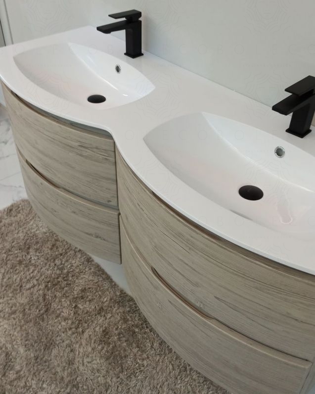 Mobile bagno sospeso Greta, curvo, doppio lavabo cm.138 con