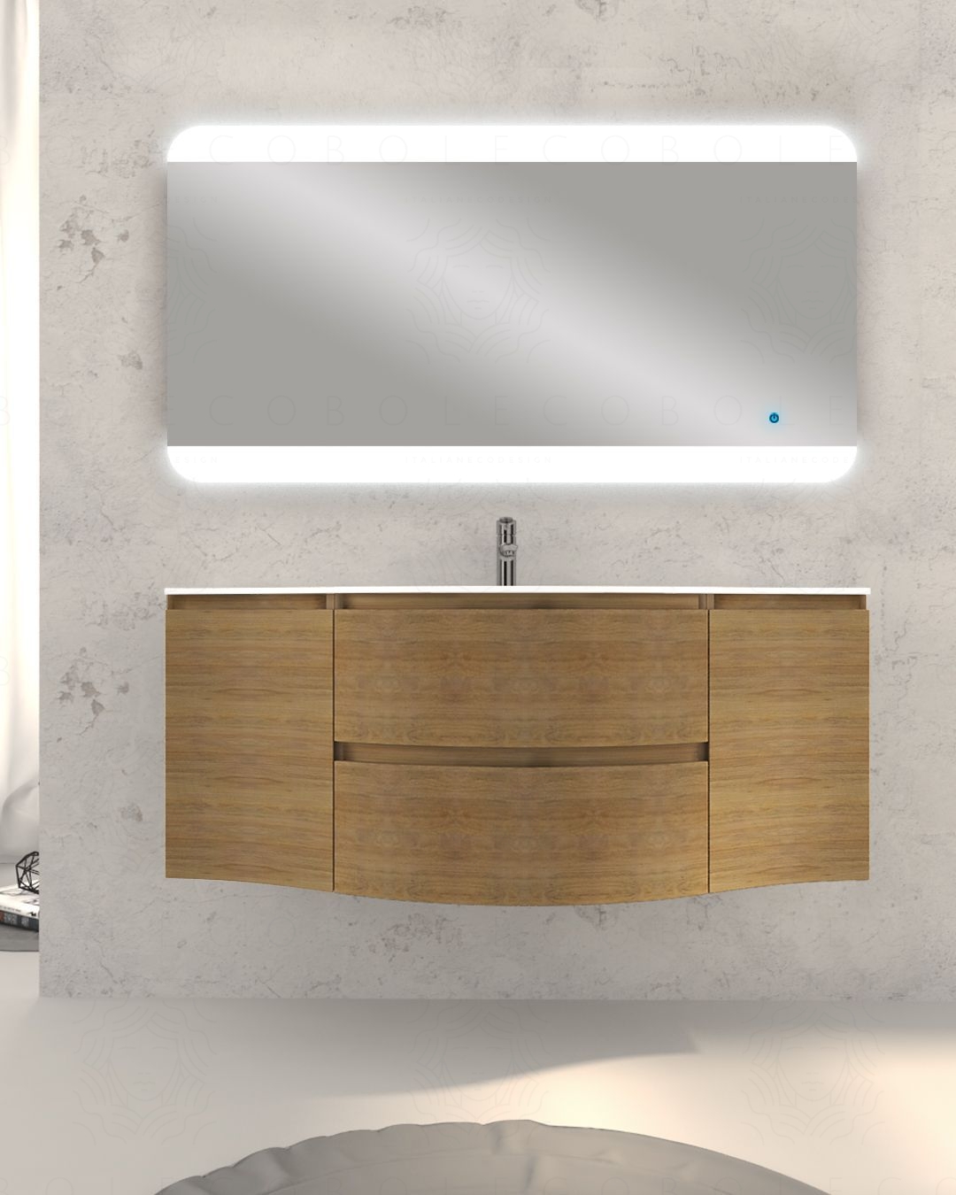 Mobile bagno sospeso Greta, curvo, cm.138 con specchio led Mobile bagno sospeso Greta, curvo, cm.138 con specchio led