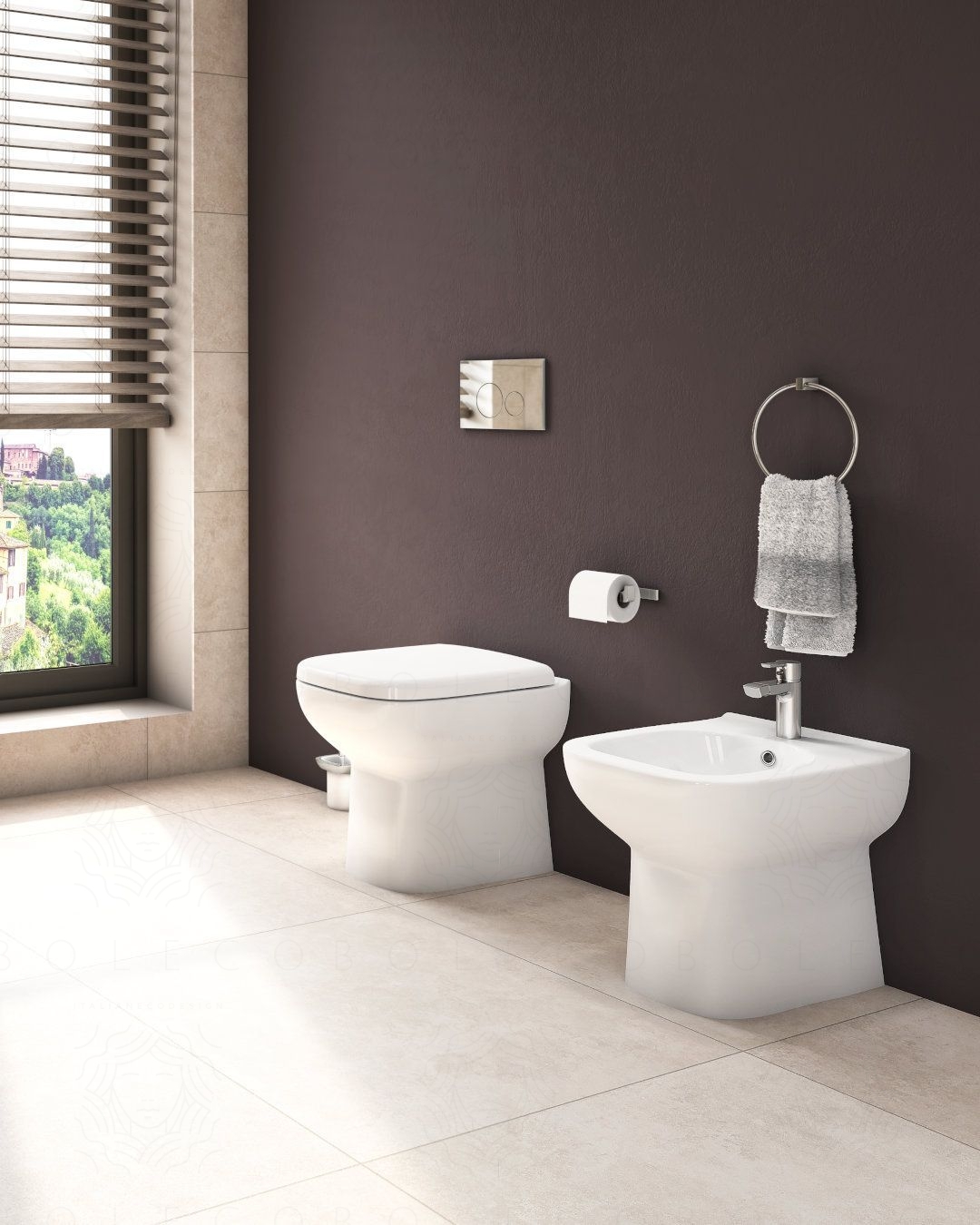 Coppia di sanitari filomuro in ceramica Origin con sedile Coppia di sanitari filomuro in ceramica Origin con sedile