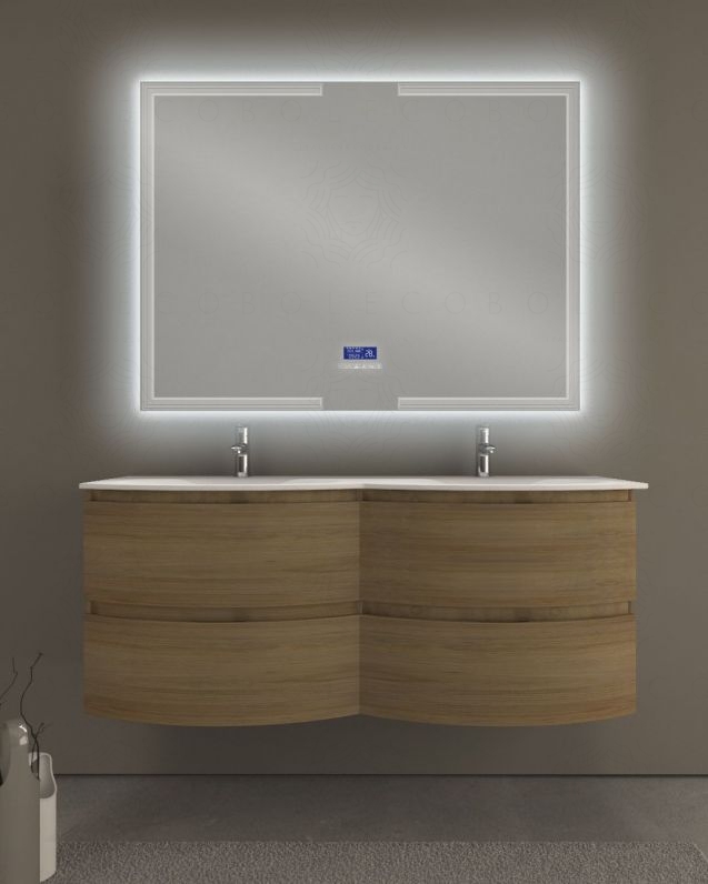 Mobile bagno sospeso Greta 140 cm due lavabi e specchio led con