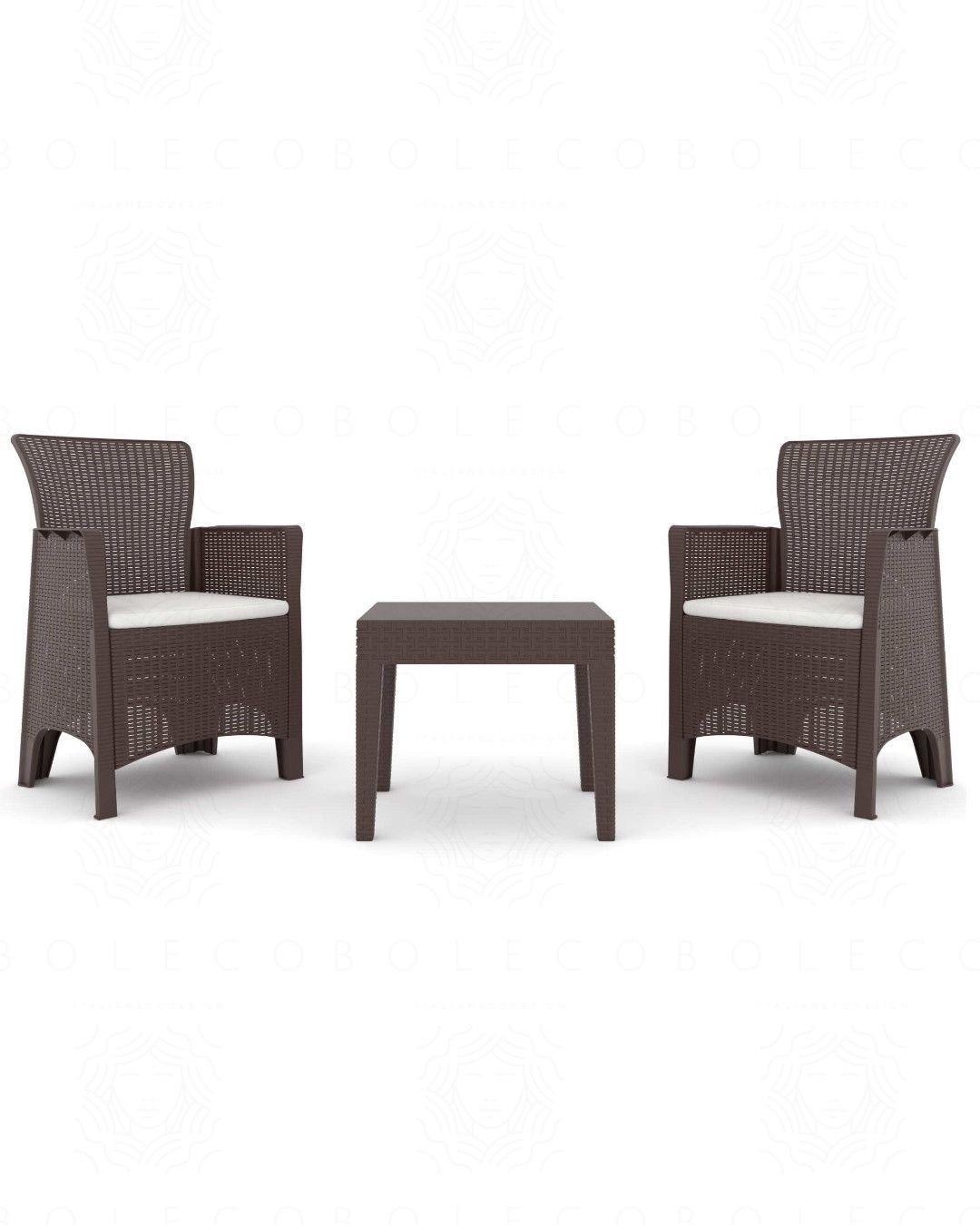 Set giardino in resina marrone 2 sedie con cuscini e tavolino Set giardino in resina marrone 2 sedie con cuscini e tavolino
