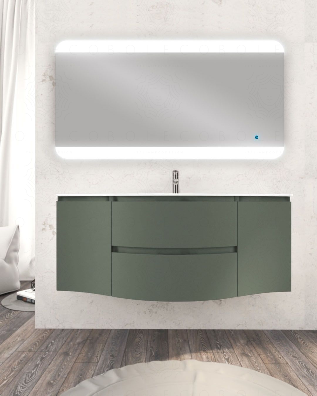 Mobile bagno sospeso 138 cm curvo e specchio led - Greta Mobile bagno sospeso 138 cm curvo e specchio led - Greta