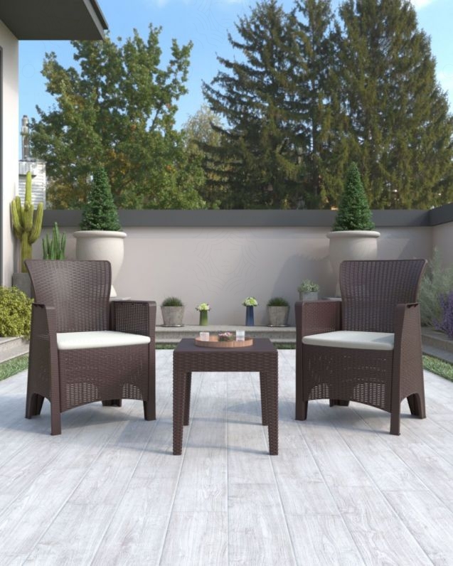 Set giardino in resina marrone 2 sedie con cuscini e tavolino - Set giardino in resina marrone 2 sedie con cuscini e tavolino -