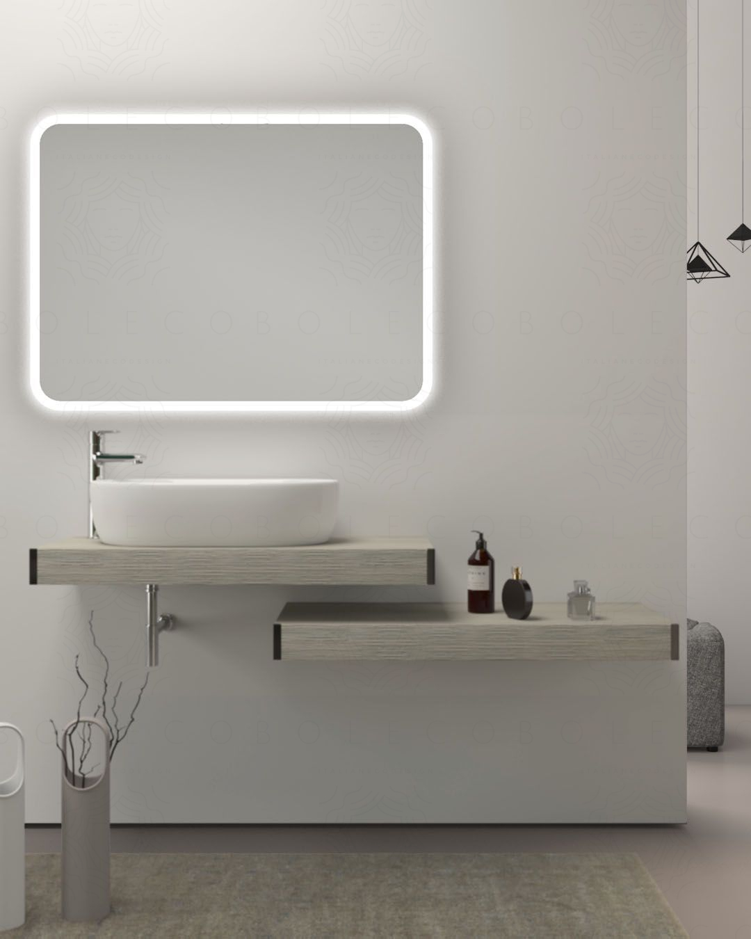 Mensolone bagno da 90 cm con lavabo da appoggio e mensola Mensolone bagno da 90 cm con lavabo da appoggio e mensola