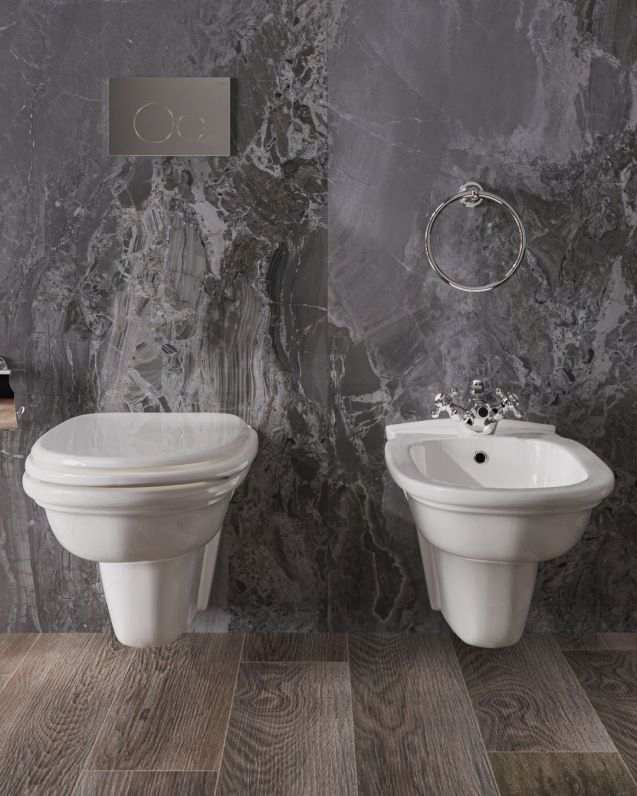 Coppia di sanitari sospesi bianco alpino e copriwater – Rubino Coppia di sanitari sospesi bianco alpino e copriwater – Rubino