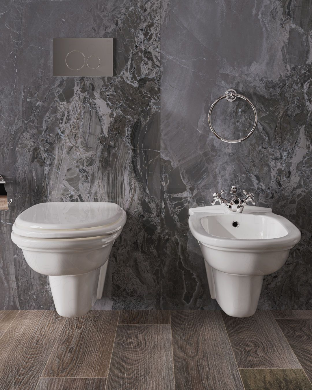 Coppia di sanitari sospesi bianco alpino e copriwater – Rubino Coppia di sanitari sospesi bianco alpino e copriwater – Rubino
