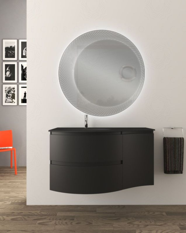 Mobile bagno sospeso curvo 105 cm con lavabo in vetro nero - Mobile bagno sospeso curvo 105 cm con lavabo in vetro nero -