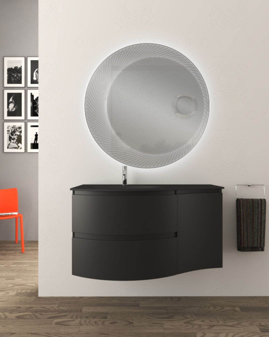 Mobile bagno sospeso curvo 105 cm con lavabo in vetro nero - Mobile bagno sospeso curvo 105 cm con lavabo in vetro nero -