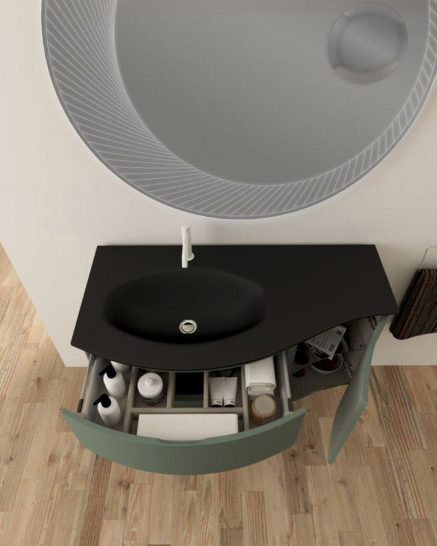 Mobile bagno sospeso curvo 105 cm con lavabo in vetro nero - Mobile bagno sospeso curvo 105 cm con lavabo in vetro nero -