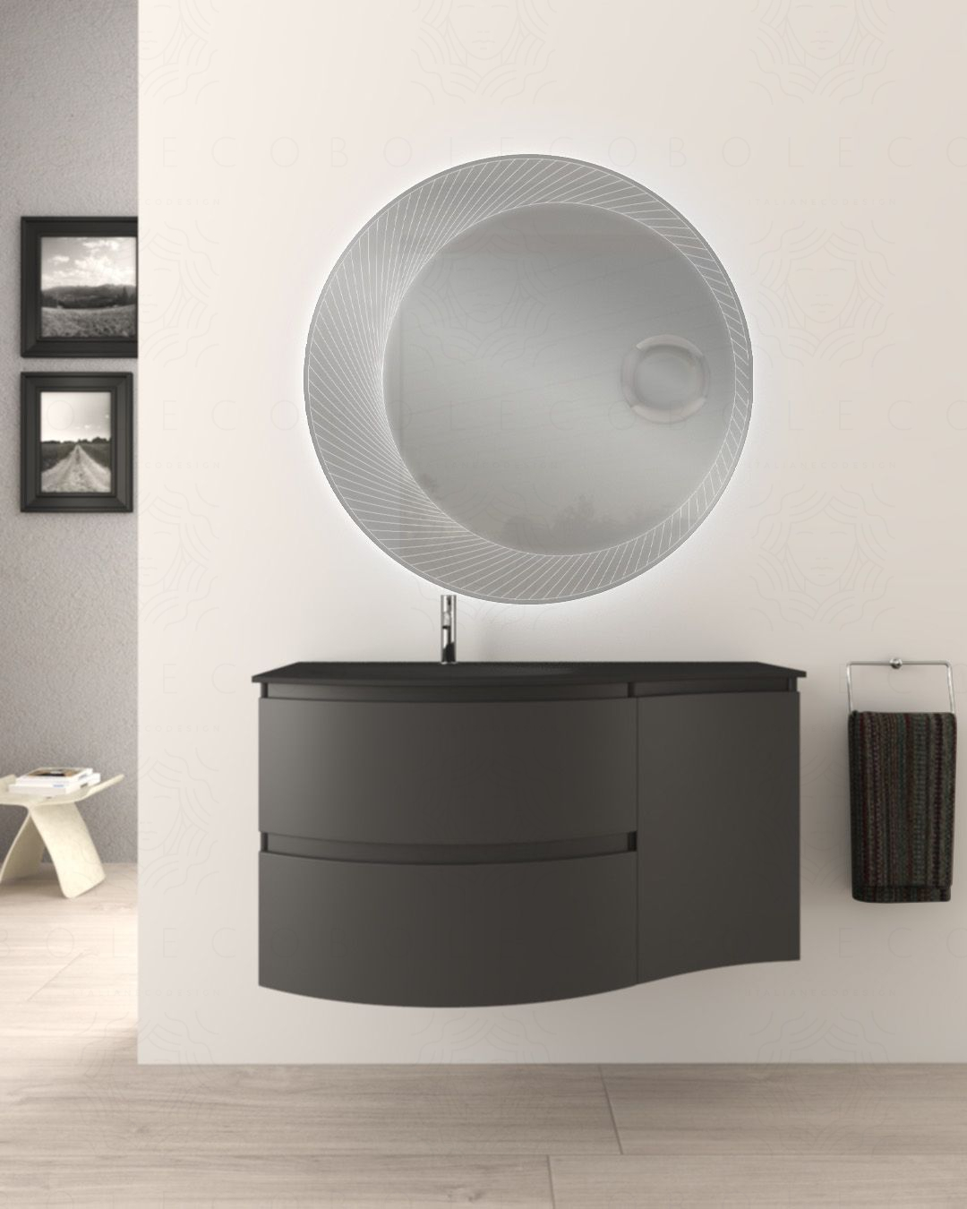 Mobile bagno sospeso curvo 105 cm con lavabo in vetro nero - Mobile bagno sospeso curvo 105 cm con lavabo in vetro nero -