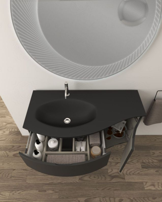 Mobile bagno sospeso curvo 105 cm con lavabo in vetro nero - Mobile bagno sospeso curvo 105 cm con lavabo in vetro nero -