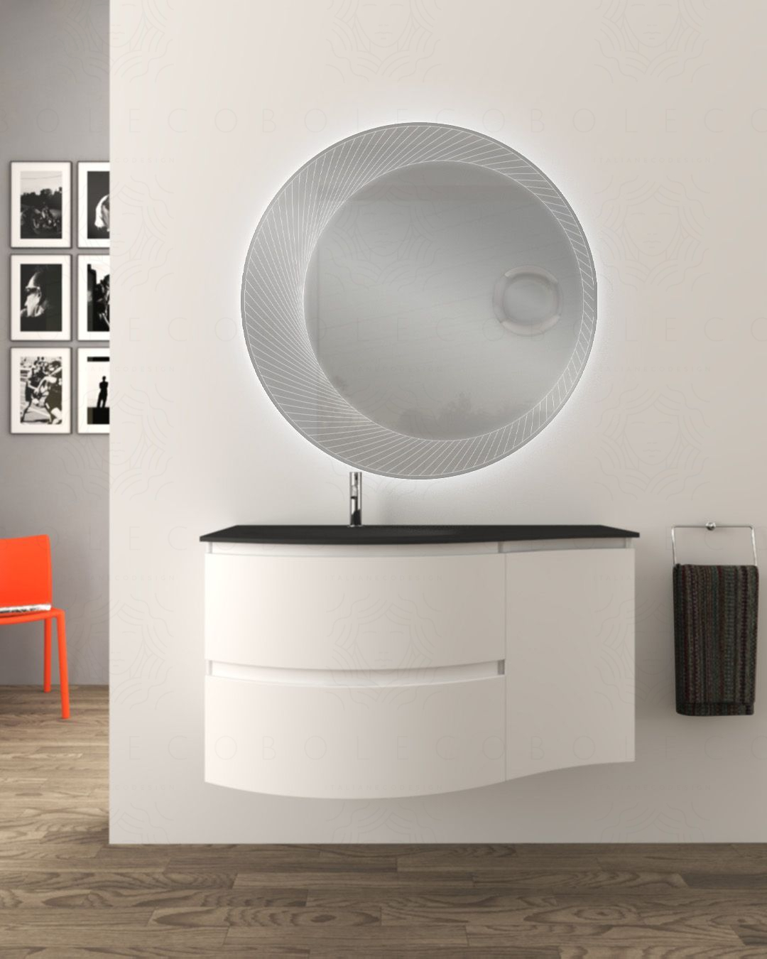 Mobile bagno sospeso curvo 105 cm con lavabo in vetro nero - Mobile bagno sospeso curvo 105 cm con lavabo in vetro nero -
