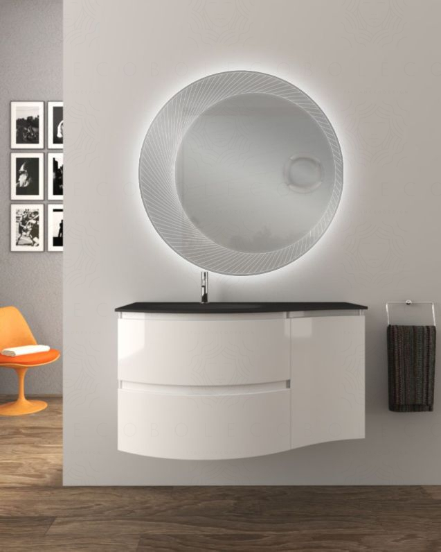 Mobile bagno sospeso curvo 105 cm con lavabo in vetro nero - Mobile bagno sospeso curvo 105 cm con lavabo in vetro nero -