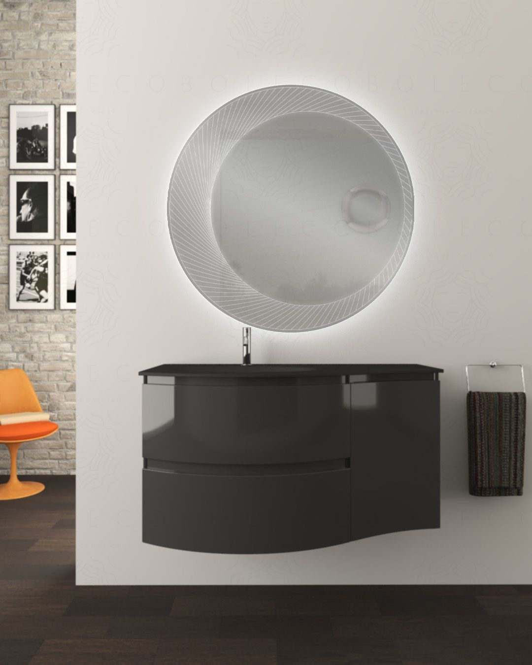 Mobile bagno sospeso curvo 105 cm con lavabo in vetro nero - Mobile bagno sospeso curvo 105 cm con lavabo in vetro nero -