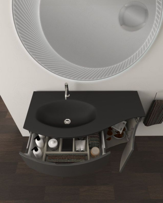 Mobile bagno sospeso curvo 105 cm con lavabo in vetro nero - Mobile bagno sospeso curvo 105 cm con lavabo in vetro nero -