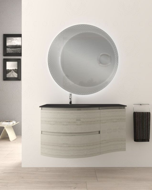 Mobile bagno sospeso curvo 105 cm con lavabo in vetro nero - Mobile bagno sospeso curvo 105 cm con lavabo in vetro nero -