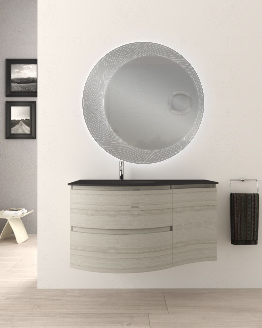 Mobile bagno sospeso curvo 105 cm con lavabo in vetro nero - Mobile bagno sospeso curvo 105 cm con lavabo in vetro nero -