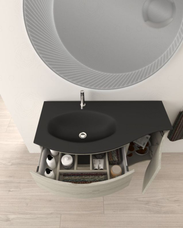 Mobile bagno sospeso curvo 105 cm con lavabo in vetro nero - Mobile bagno sospeso curvo 105 cm con lavabo in vetro nero -