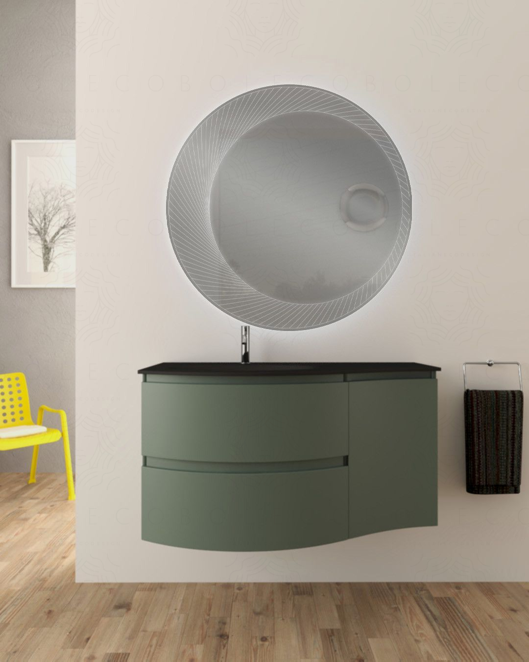 Mobile bagno sospeso curvo 105 cm con lavabo in vetro nero - Mobile bagno sospeso curvo 105 cm con lavabo in vetro nero -