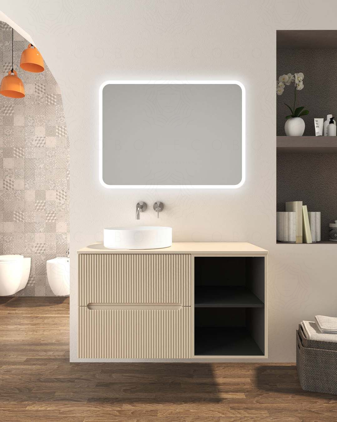 Mobile bagno sospeso Cloud cm 100 plissè, vano a giorno e top in mdf Mobile bagno sospeso Cloud cm 100 plissè, vano a giorno e top in mdf