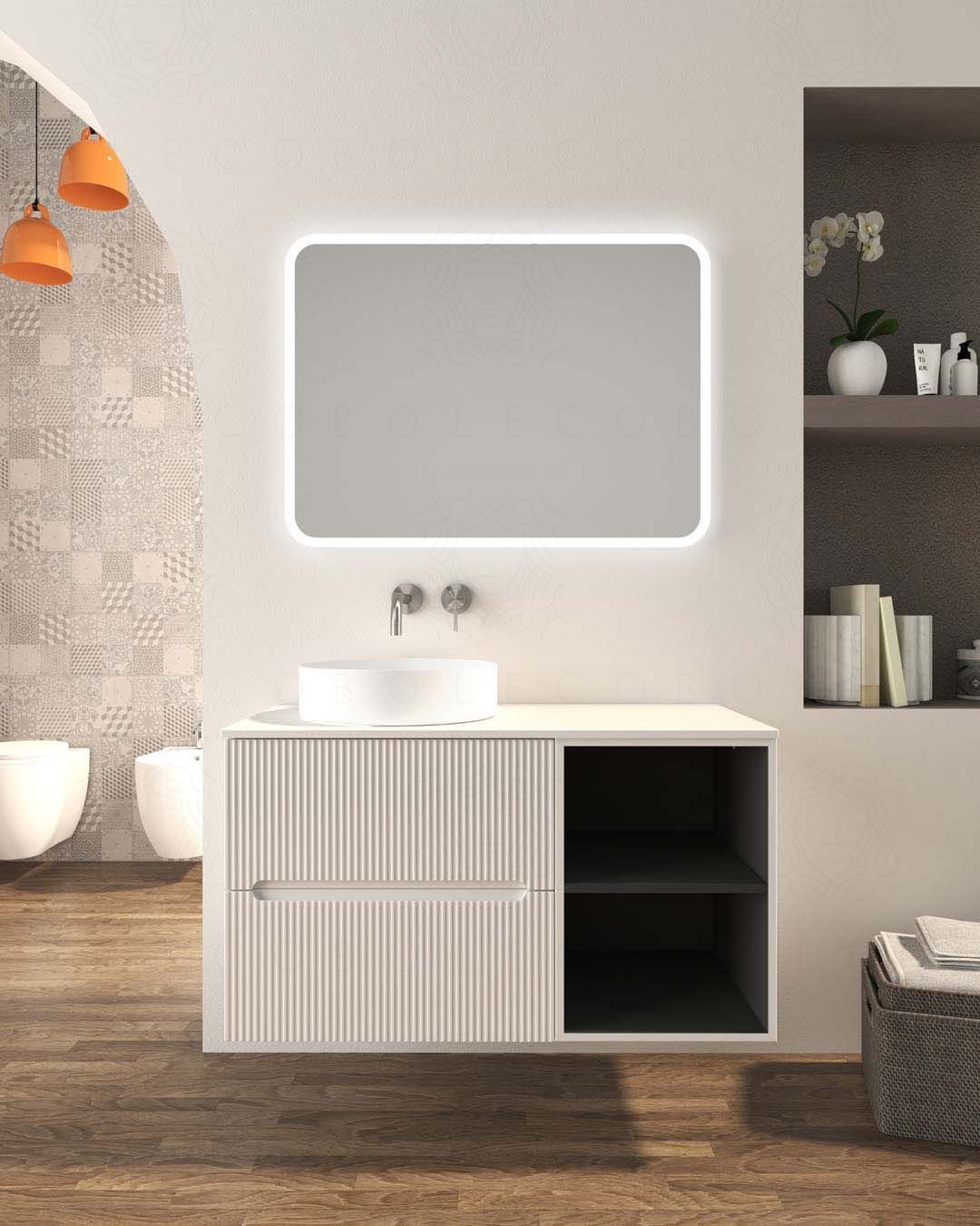 Mobile bagno sospeso Cloud cm 100 plissè, vano a giorno e top in mdf Mobile bagno sospeso Cloud cm 100 plissè, vano a giorno e top in mdf