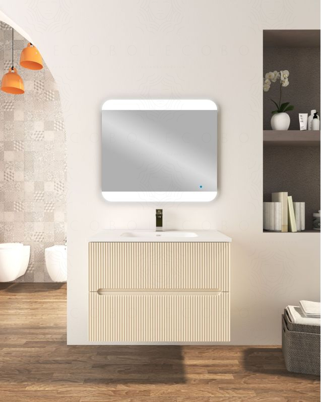 Mobile bagno sospeso 140 cm rosso corallo e doppio lavabo in