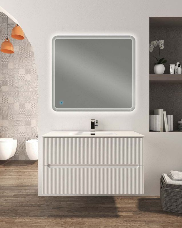 Mobile bagno sospeso 140 cm rosso corallo e doppio lavabo in Mobile bagno sospeso 140 cm rosso corallo e doppio lavabo in
