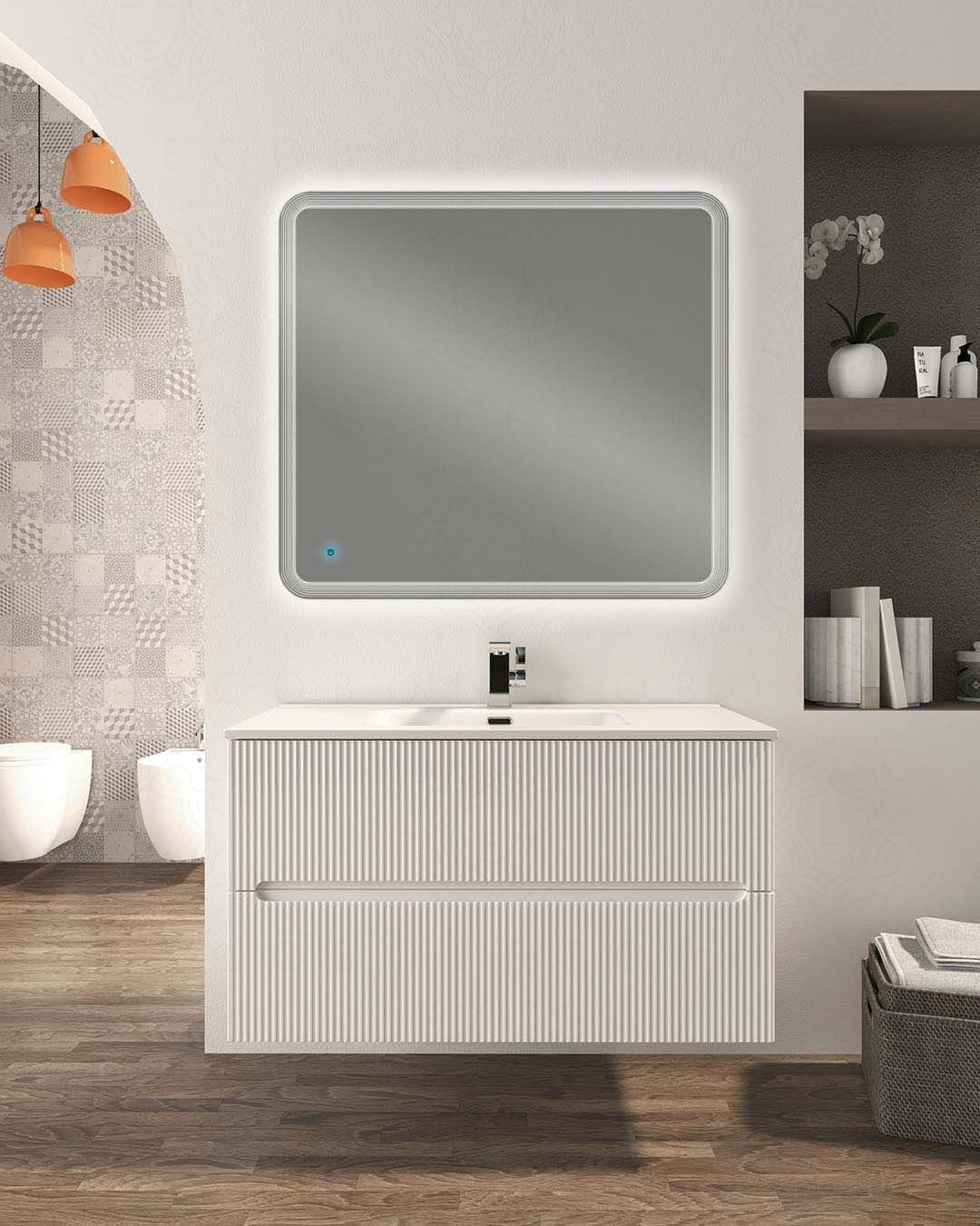 Mobile bagno sospeso 140 cm rosso corallo e doppio lavabo in Mobile bagno sospeso 140 cm rosso corallo e doppio lavabo in
