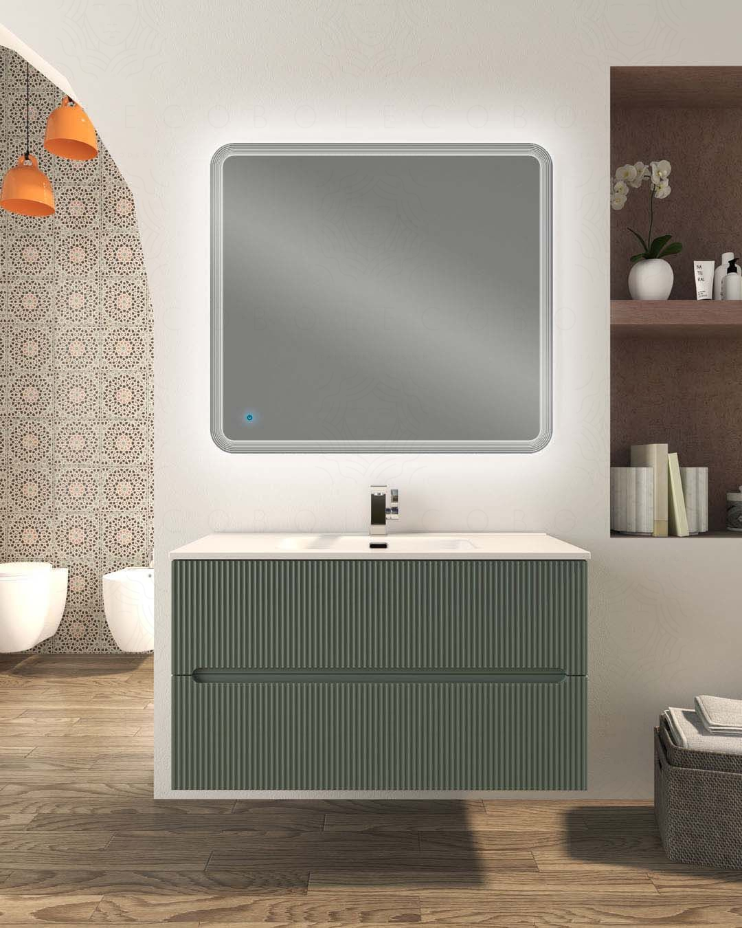 Mobile bagno sospeso Cloud plissé 100 cm verde opaco e lavabo in ceramica Mobile bagno sospeso Cloud plissé 100 cm verde opaco e lavabo in ceramica