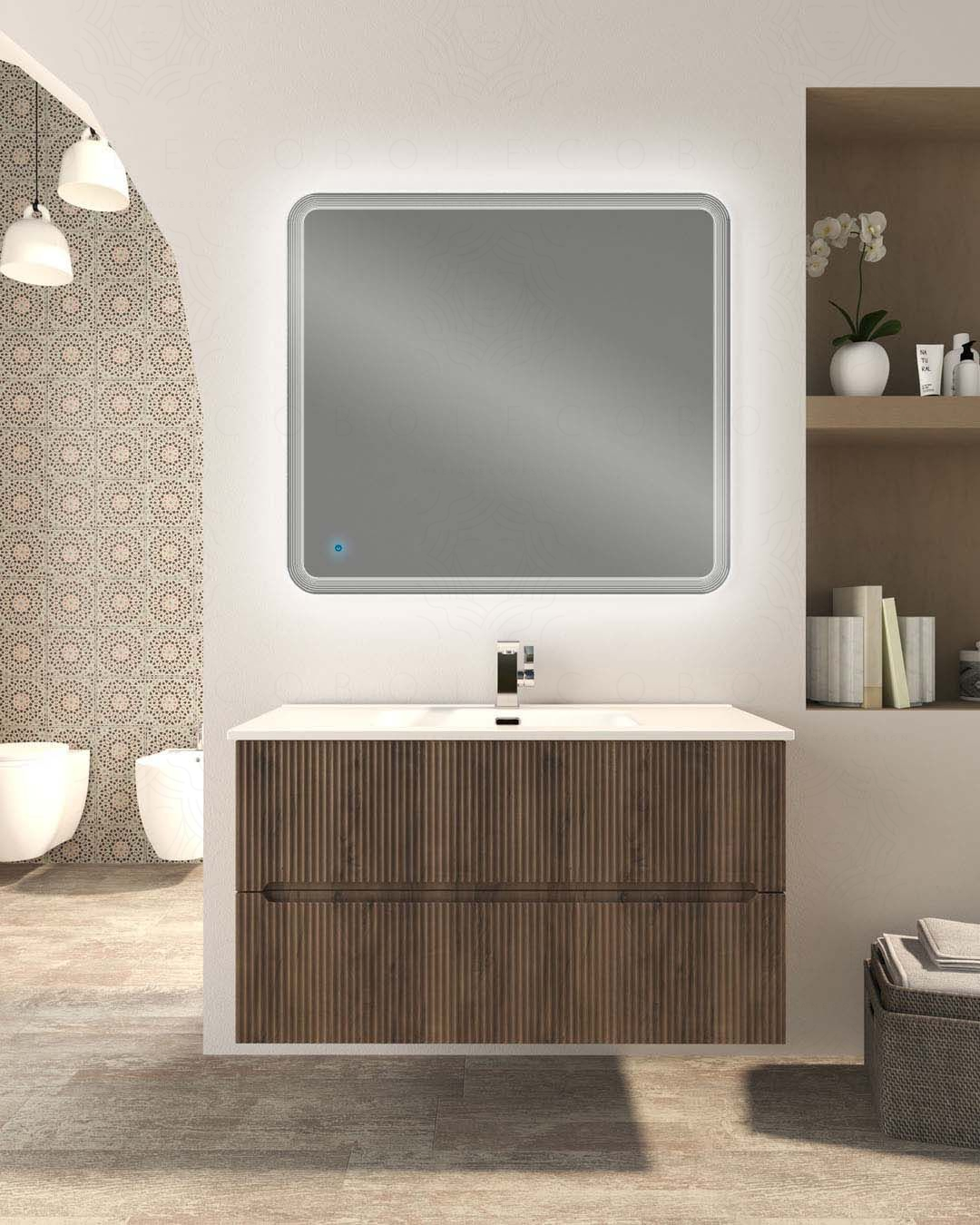 Mobile bagno sospeso Cloud plissé 100 cm noce e lavabo in Mobile bagno sospeso Cloud plissé 100 cm noce e lavabo in