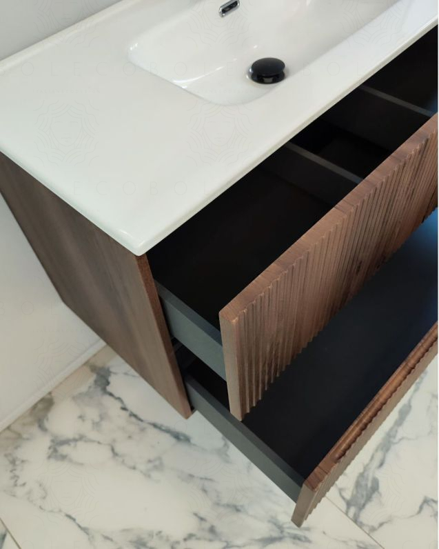 Mobile bagno sospeso Cloud plissé 100 cm noce e lavabo in Mobile bagno sospeso Cloud plissé 100 cm noce e lavabo in