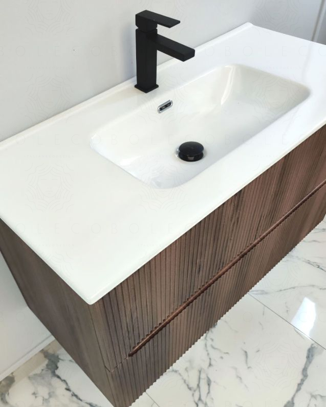 Mobile bagno sospeso Cloud plissé 100 cm noce e lavabo in Mobile bagno sospeso Cloud plissé 100 cm noce e lavabo in