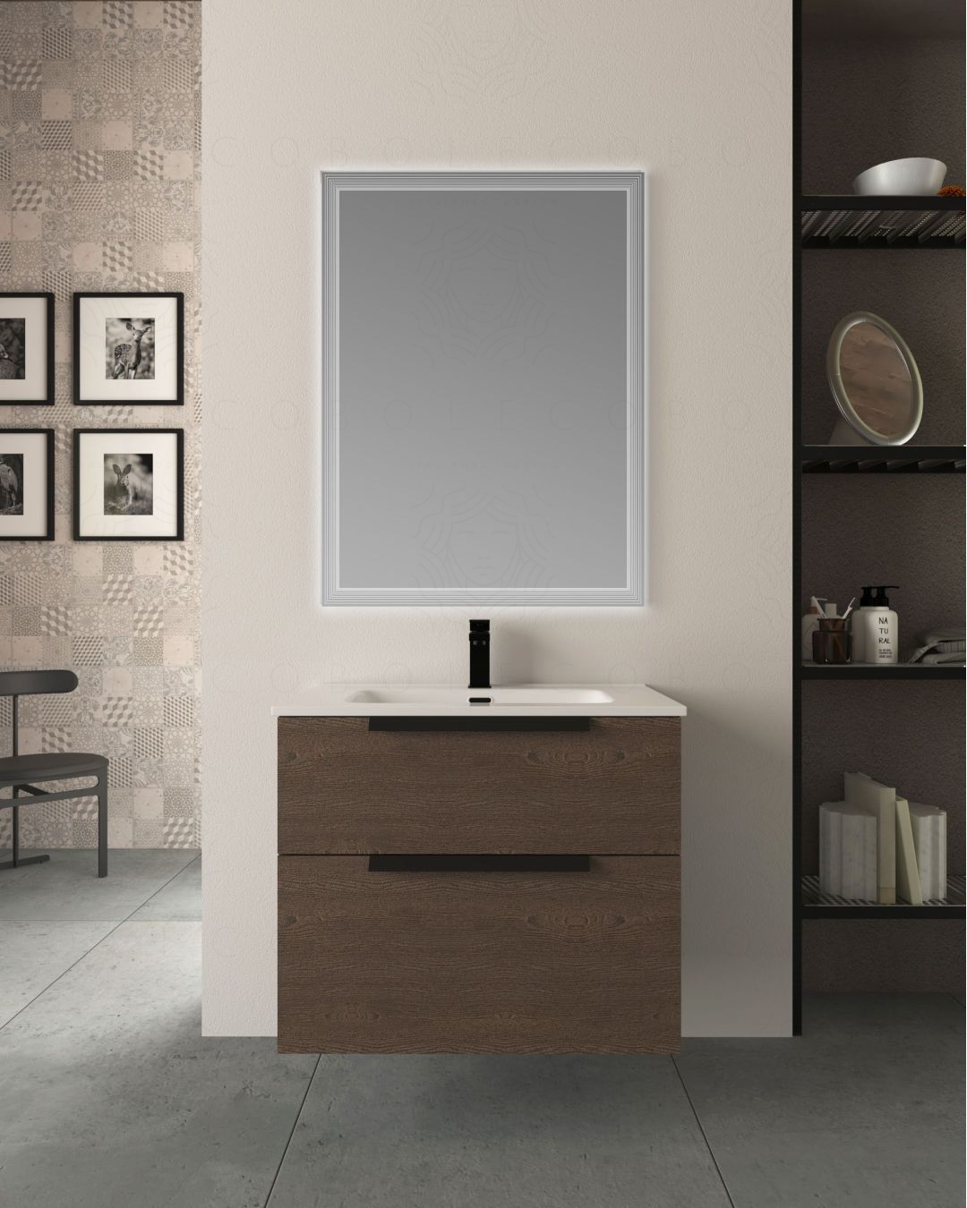 Mobile bagno sospeso Malta 75 cm rovere scuro 2 cassetti e Mobile bagno sospeso Malta 75 cm rovere scuro 2 cassetti e