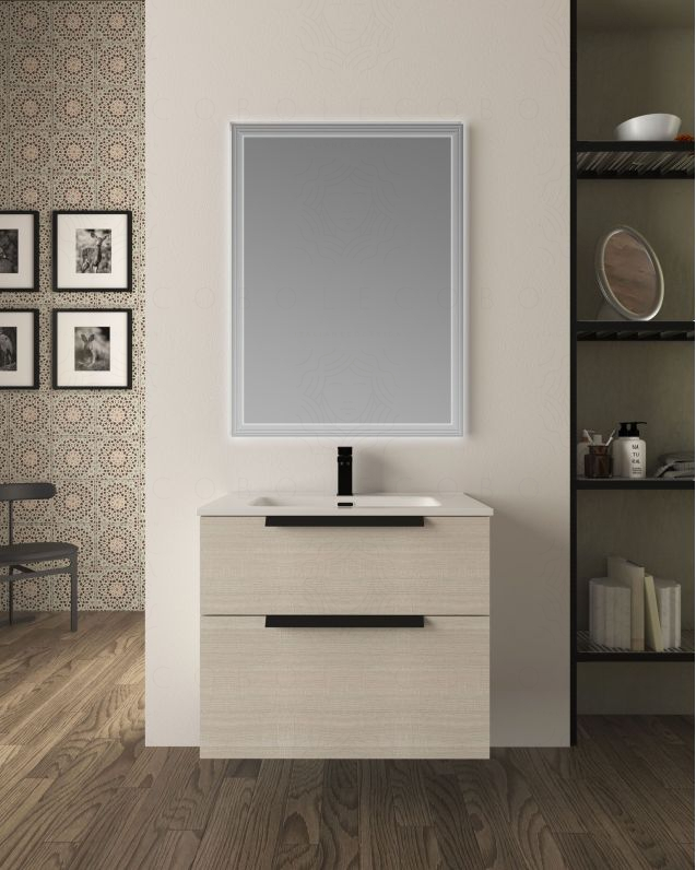 Mobile bagno sospeso Malta 75 cm rovere bianco 2 cassetti e Mobile bagno sospeso Malta 75 cm rovere bianco 2 cassetti e
