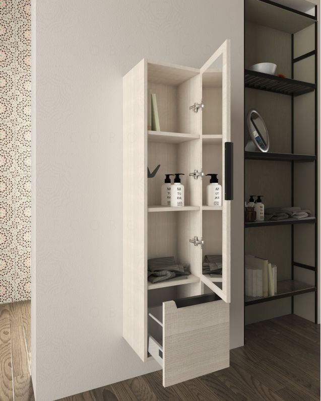 Colonna da bagno Malta cm 150h rovere bianco 1 anta e 1 cassetto
