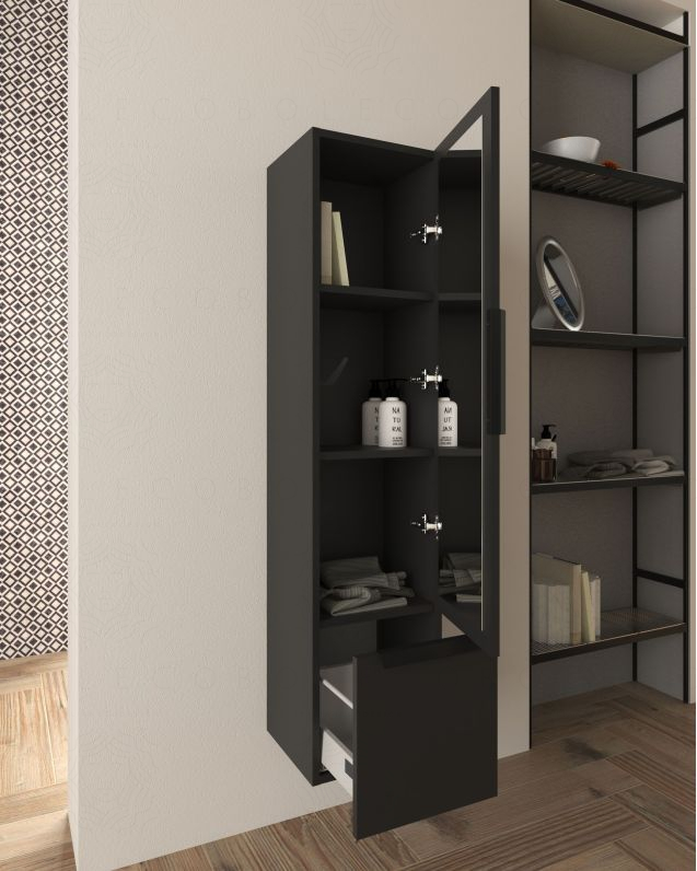 Colonna da bagno sospesa 150 cm nero opaco 1 anta e 1 cassetto Colonna da bagno sospesa 150 cm nero opaco 1 anta e 1 cassetto