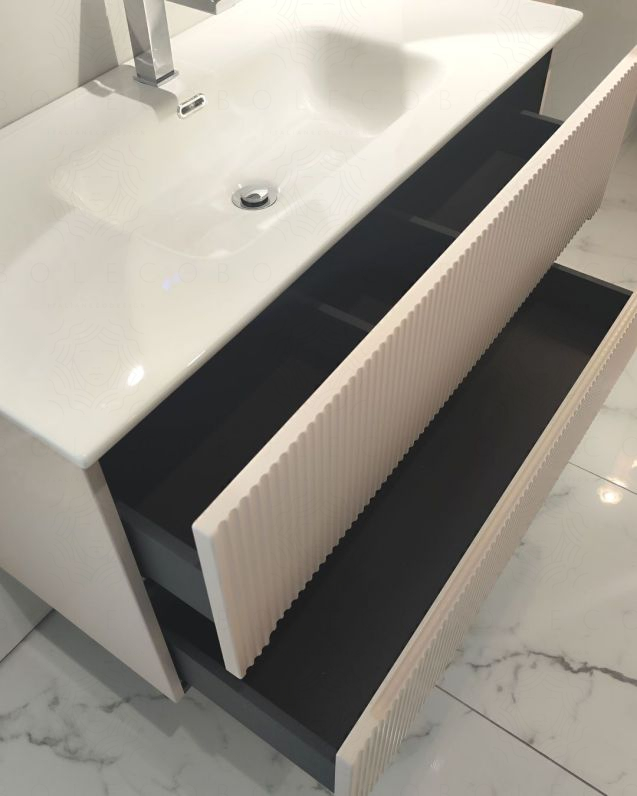 Mobile bagno sospeso Cloud plisse 100 cm cotone e lavabo in Mobile bagno sospeso Cloud plisse 100 cm cotone e lavabo in