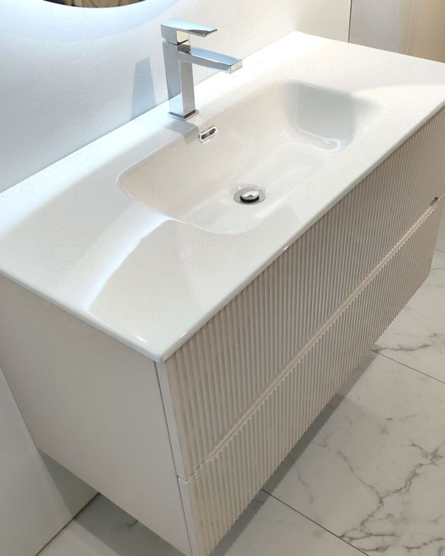 Mobile bagno sospeso Cloud plisse 100 cm cotone e lavabo in Mobile bagno sospeso Cloud plisse 100 cm cotone e lavabo in