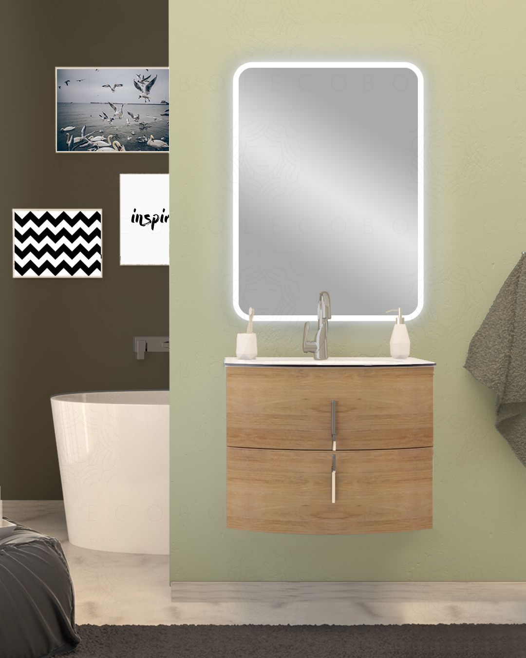 Mobile bagno sospeso Jane curvo cm 70 rovere naturale Mobile bagno sospeso Jane curvo cm 70 rovere naturale