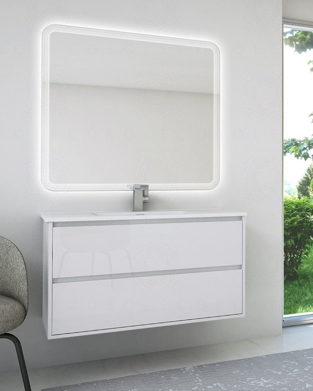 Mobile bagno sospeso Alaska cm 100 bianco lucido e lavabo in Mobile bagno sospeso Alaska cm 100 bianco lucido e lavabo in