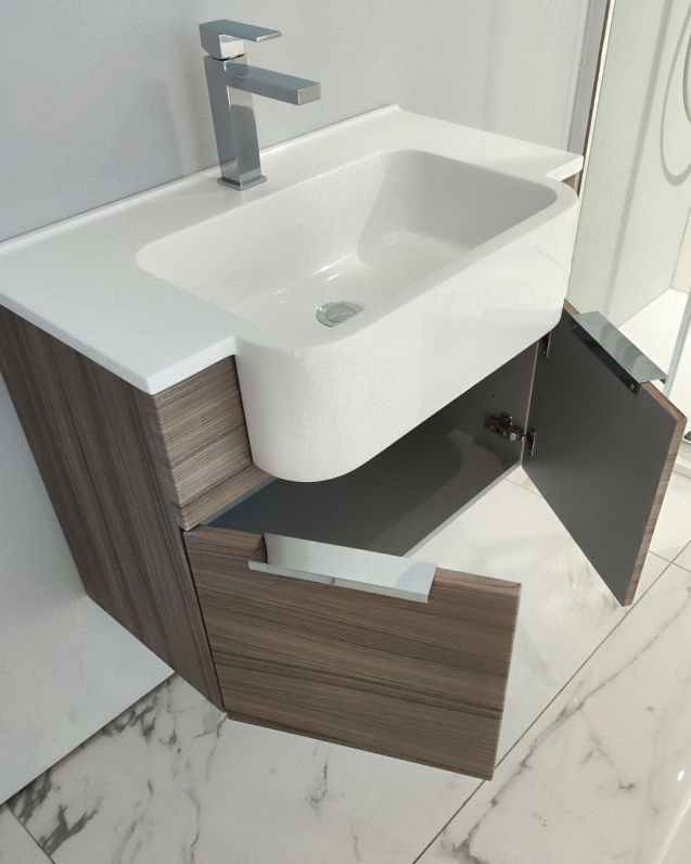 Mobile bagno sospeso Kelly 70 cm larice chiaro con ante e lavabo in resina