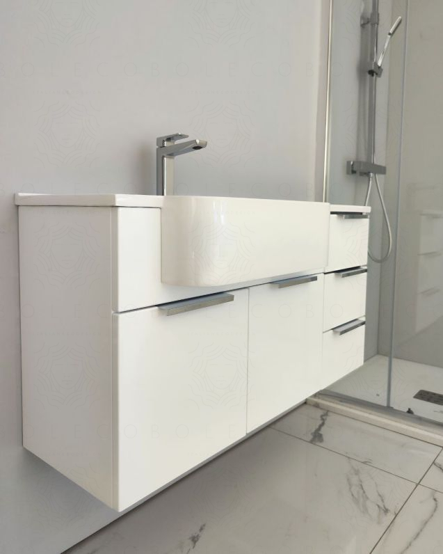 Mobile bagno sospeso Kelly 100 cm bianco lucido con ante e cassetti e lavabo in resina