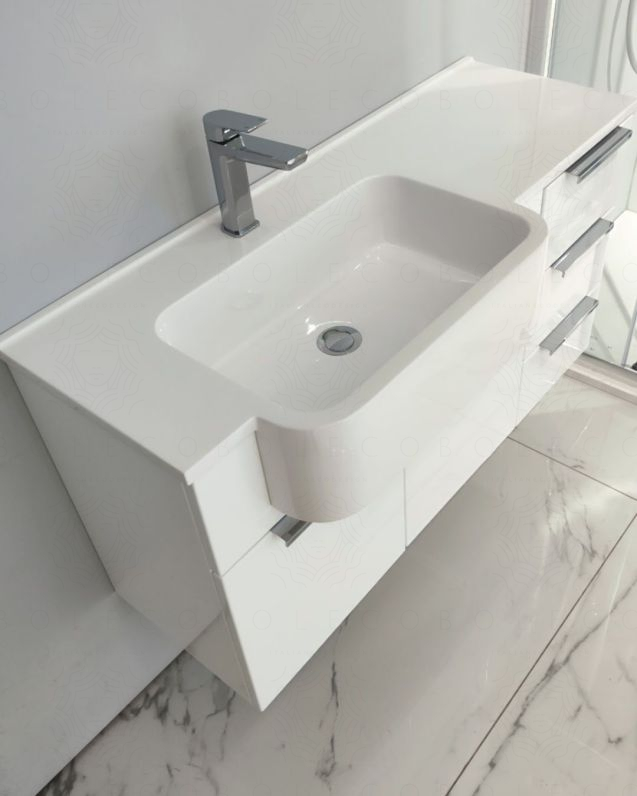 Mobile bagno sospeso Kelly 100 cm bianco lucido con ante e cassetti e lavabo in resina
