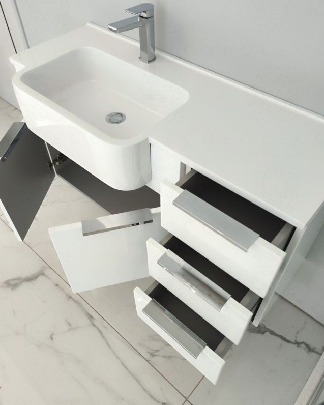 Mobile bagno sospeso Kelly 100 cm bianco lucido con ante e cassetti e lavabo in resina