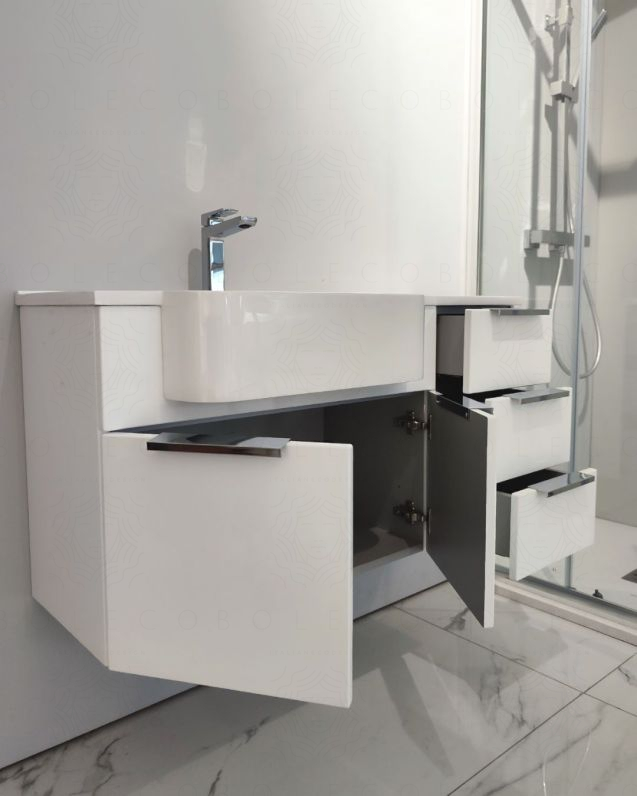 Mobile bagno sospeso Kelly 100 cm bianco lucido con ante e cassetti e lavabo in resina