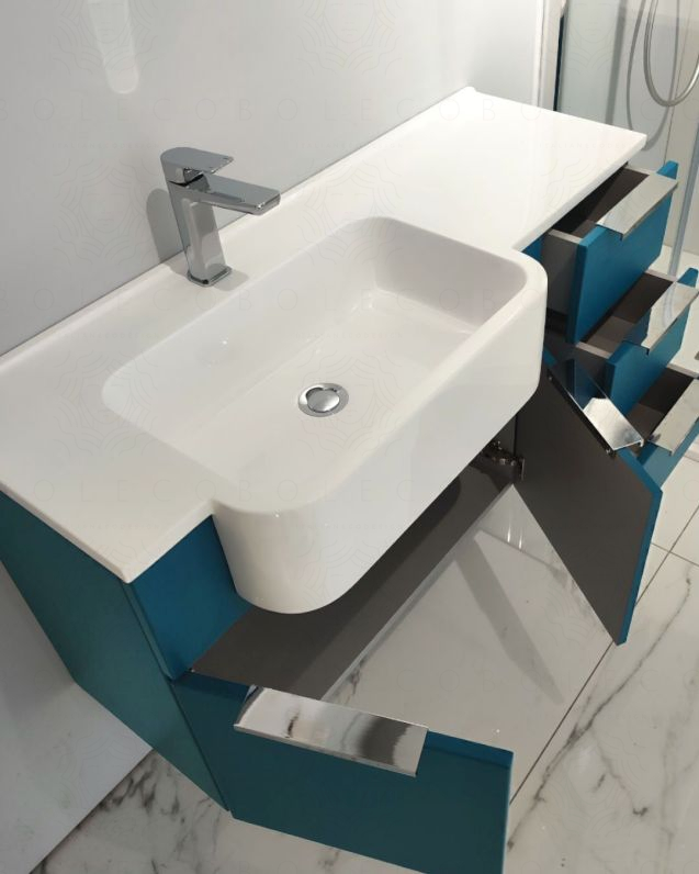 Mobile bagno sospeso Kelly 100 cm blu avio con ante e cassetti e lavabo in resina