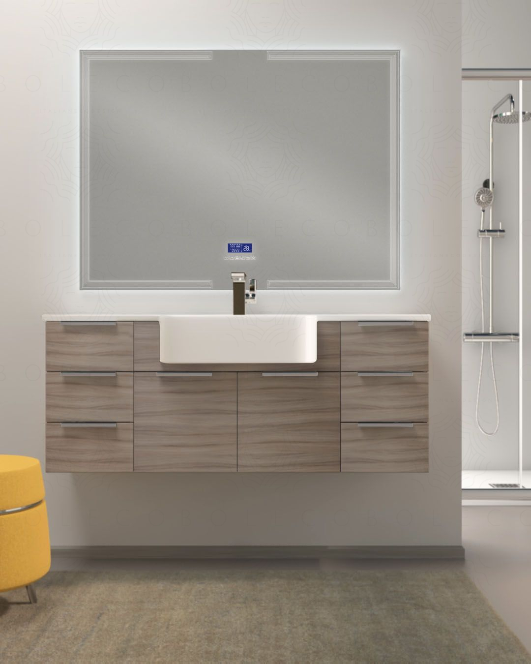 Mobile bagno sospeso Kelly 130 cm larice chiaro con ante e cassetti e lavabo in resina Mobile bagno sospeso Kelly 130 cm larice chiaro con ante e cassetti e lavabo in resina