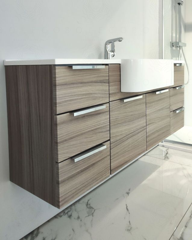 Mobile bagno sospeso Kelly 130 cm larice chiaro con ante e cassetti e lavabo in resina Mobile bagno sospeso Kelly 130 cm larice chiaro con ante e cassetti e lavabo in resina