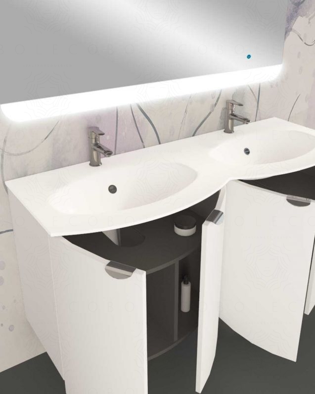Mobile da bagno sospeso curvo 138 cm bianco opaco con ante e doppio lavabo - Luna